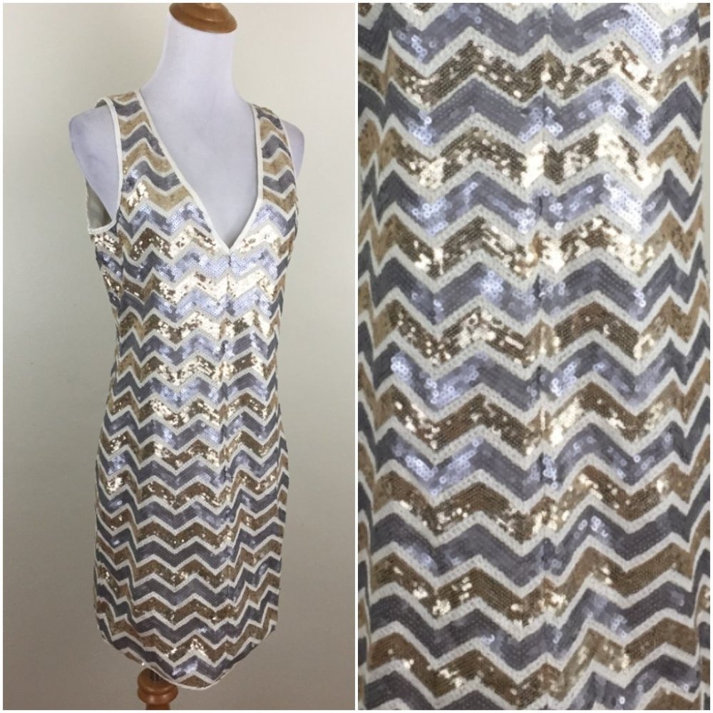 NWOT TOP CHIC Ivory Silver Gold Sequin Embellished Chevron Sleeveless Dress